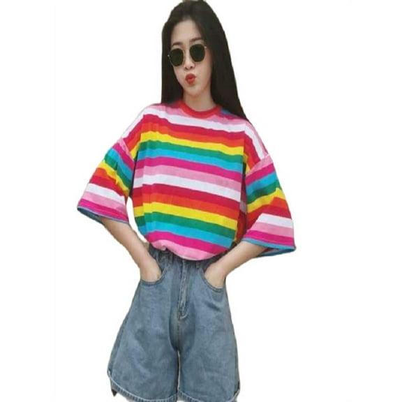 Harajuku Women Girls Rainbow Stripe Half Sleeves Loose T-shirts Tops