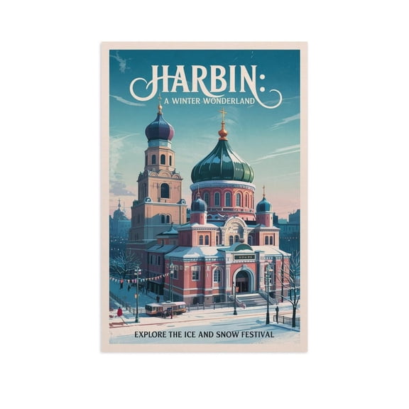 Harbin Retro Travel Poster Vintage Chinese City Tourism with Ice Festival & Russian Influence Print Poster
