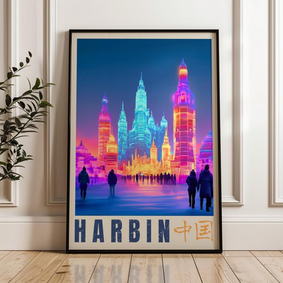 Harbin Travel Poster - China Wall Art Print, Ice Sculptures Illustration Artwork, Home & Office Decor, Gift Idea, Heilongjiang Travel Print Wall Art, Modern Wall Decor, 24x36 UNFRAMED
