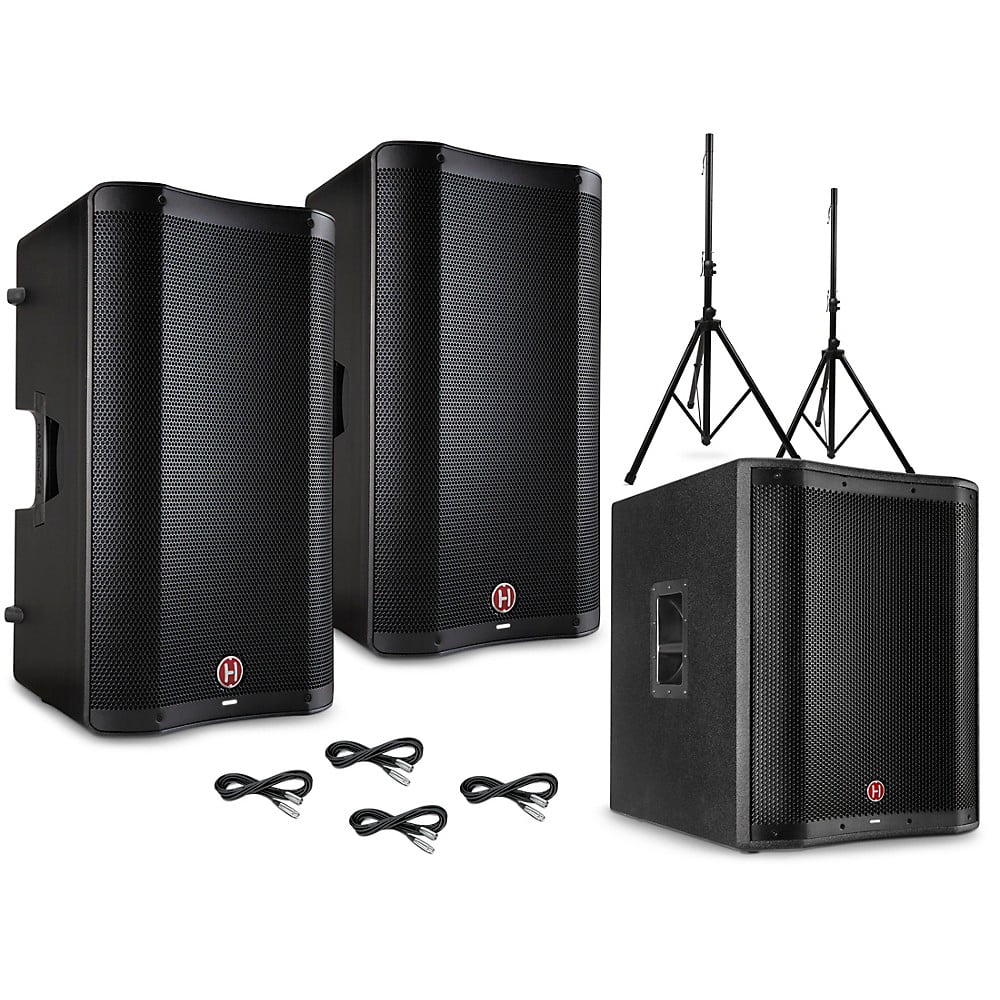 Harbinger VARI 3412 12 Powered Speakers Package With LX12 Mixer, Stands  and Cables