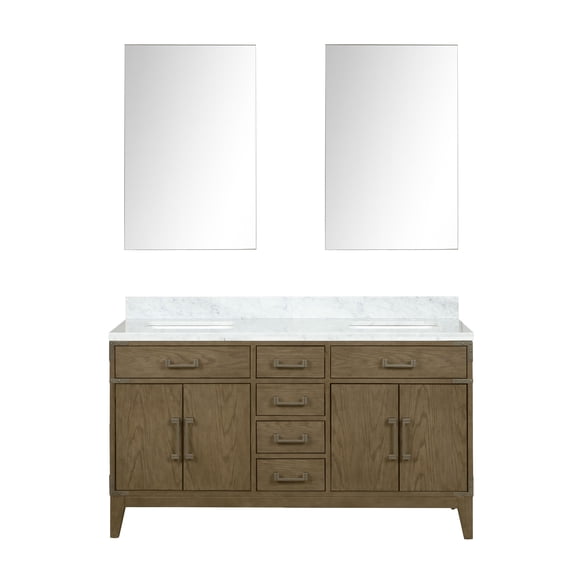Harbor 60 in W x 22 in D Grey Oak Double Bath Vanity, Carrara Marble Top and 28 in Mirrors