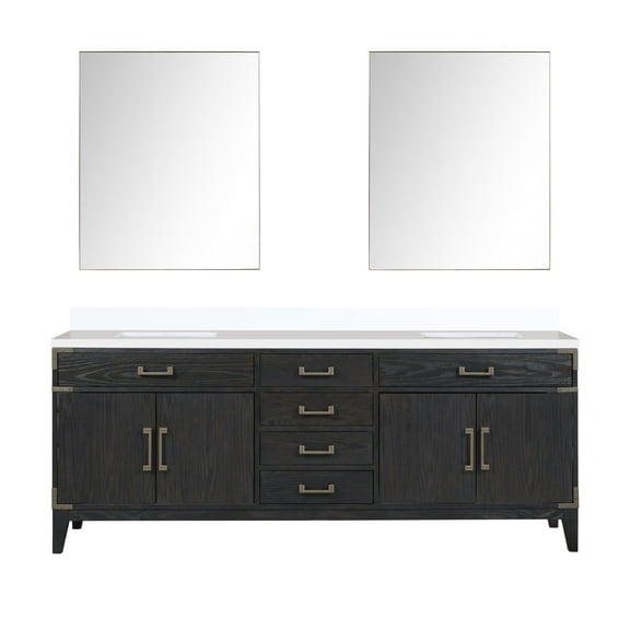 Harbor 84 in W x 22 in D Black Oak Double Bath Vanity, White Quartz Top and 36 in Mirrors