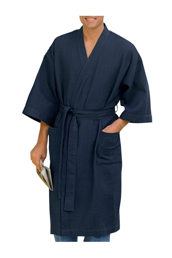 by DXL Big and Tall Men's Waffle-Knit Kimono Robe, Navy, 1XL/2XL