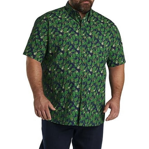 Easy-Care Leaf Print Sport Shirt Navy Green 8XL