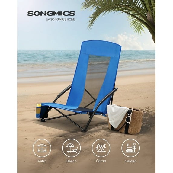 Set of 2 Camping Chairs, Beach Chairs, Portable Outdoor Chairs, with High Backrest, Cup Holder, Lightweight, Heavy-Duty, Max. Load 330 lb per Chair, Blue