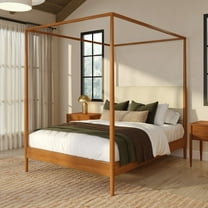 Harbor Full Canopy Bed with Upholstered Headboard, Pecan/Swiss Coffee