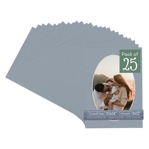 Harbor Gray Picture Frame Mat for 10x14 Frames - Oval Opening for 8x12 Photos - 25 Mats