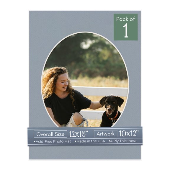 Harbor Gray Picture Frame Mat for 12x16 Frames - Oval Opening for 10x12 Photos - 1 Mat