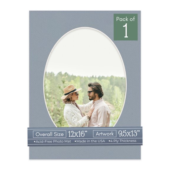 Harbor Gray Picture Frame Mat for 12x16 Frames - Oval Opening for 9.5x13 Photos - 1 Mat