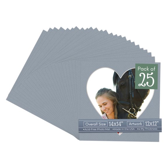 Harbor Gray Picture Frame Mat for 14x14 Frames - Heart Opening for 12x12 Photos - 25 Mats