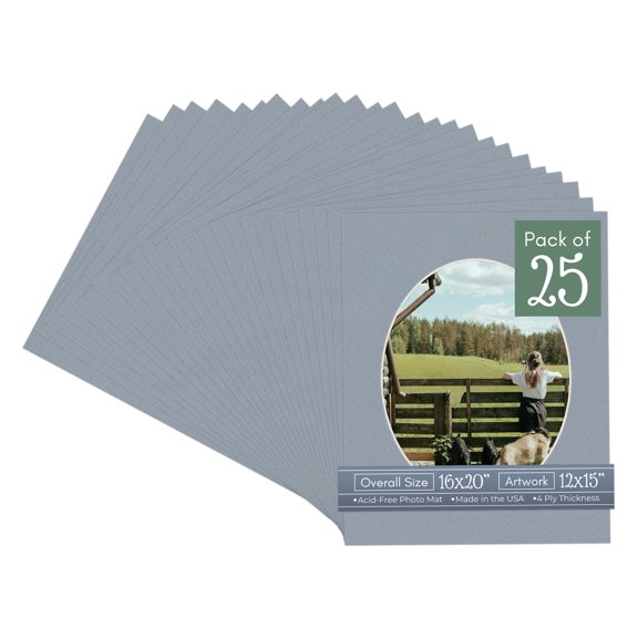 Harbor Gray Picture Frame Mat for 16x20 Frames - Oval Opening for 12x15 Photos - 25 Mats