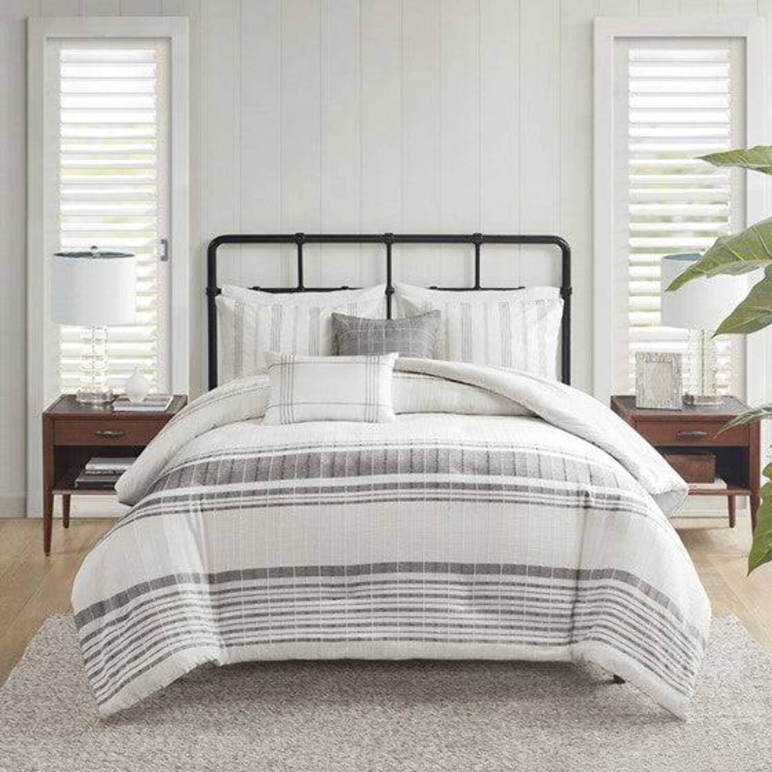 King Size Gray and White Cotton Jacquard Striped Duvet Cover Set