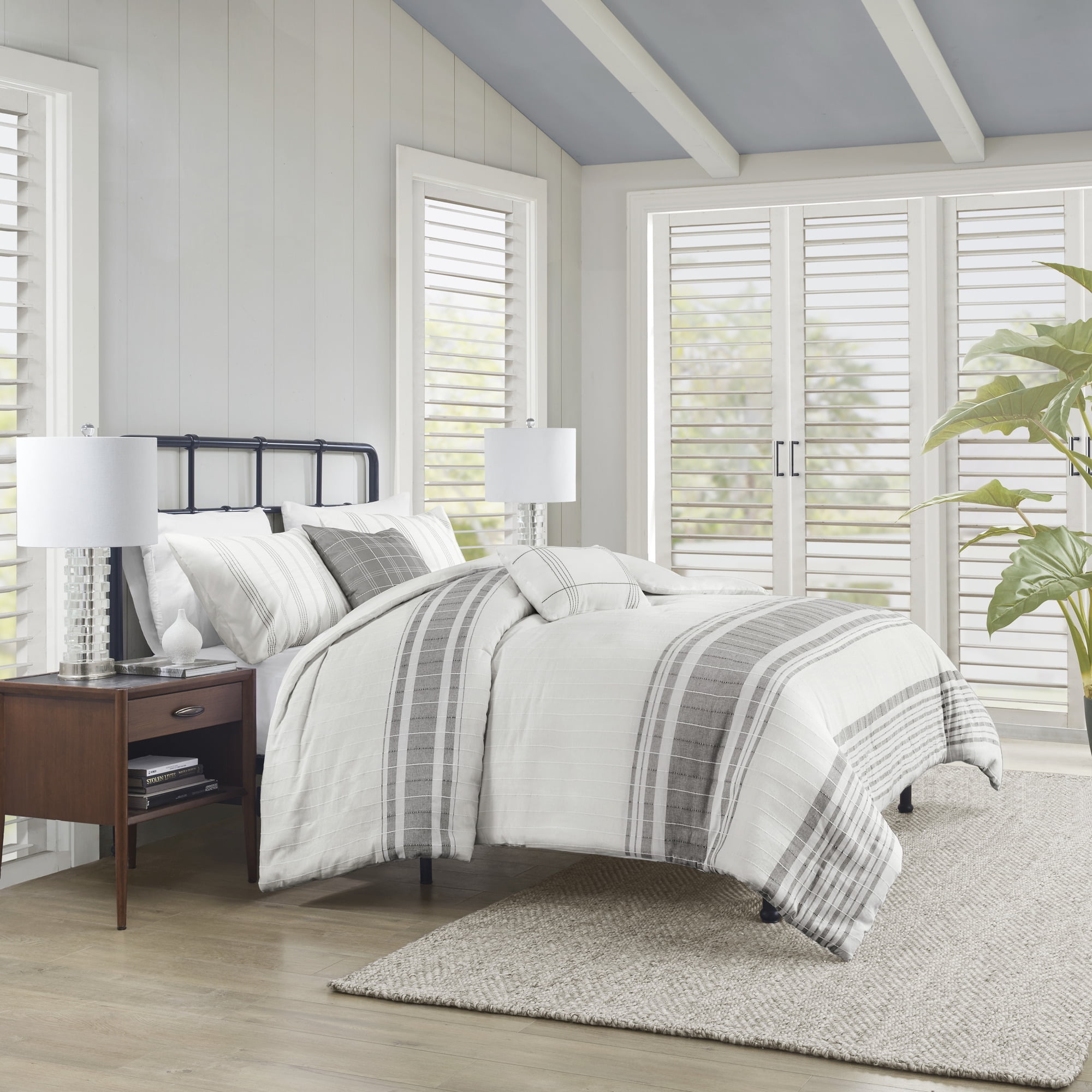 King Size Gray and White Cotton Jacquard Striped Duvet Cover Set