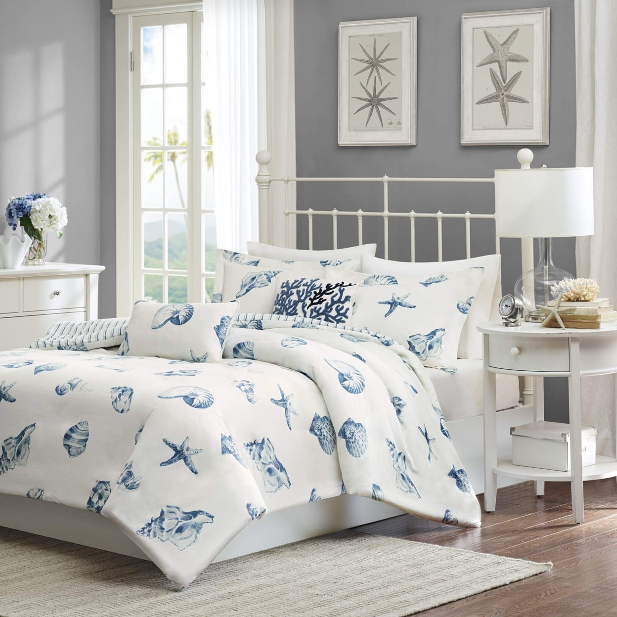 King Blue Cotton Nautical Duvet Cover Set with Shams