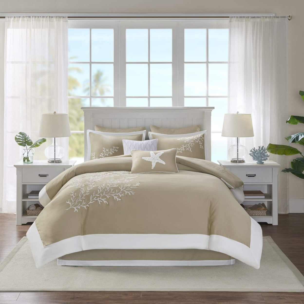 King White and Khaki Cotton Coastal Comforter Set