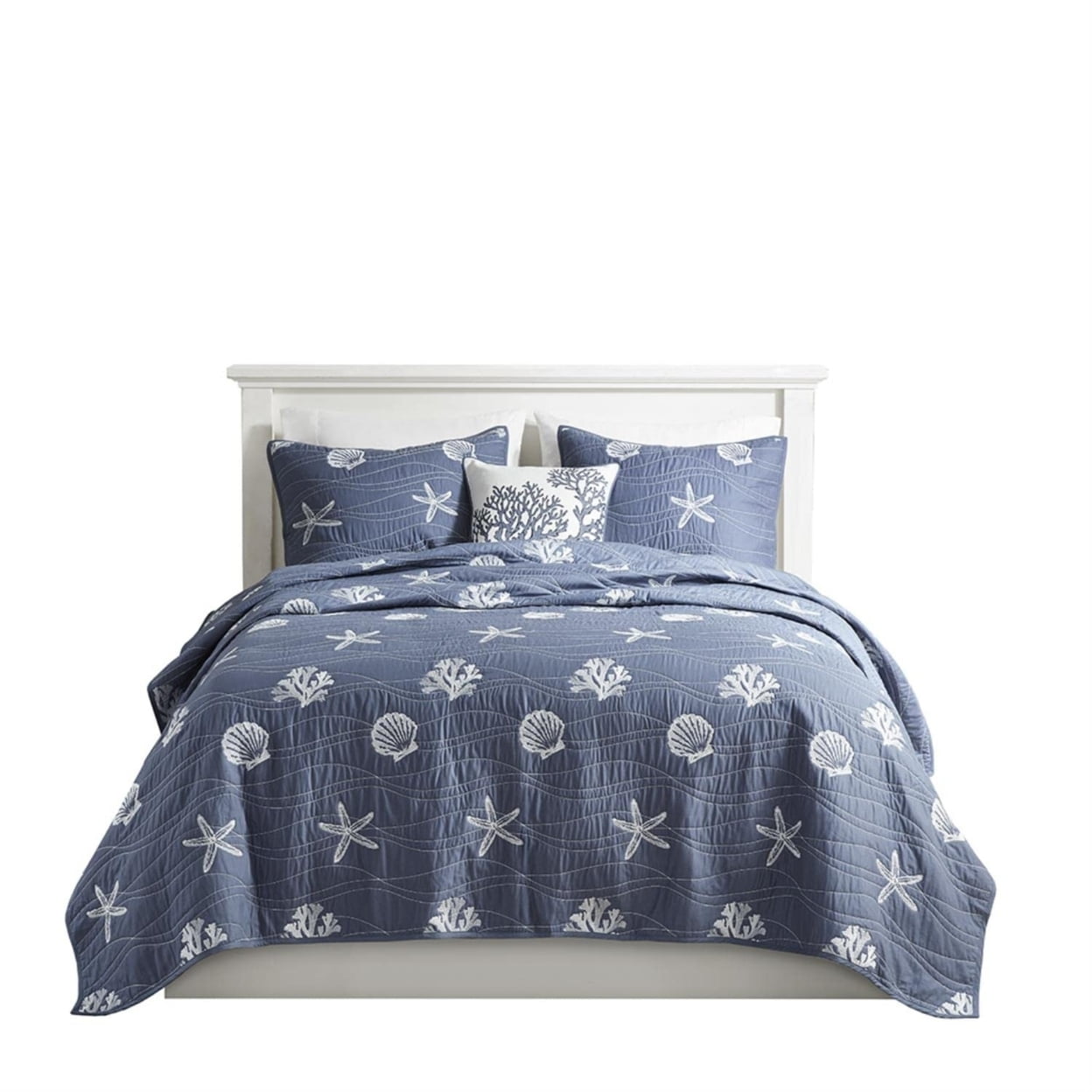 Coastal Navy Cotton King Quilt Set with Reversible Embroidery