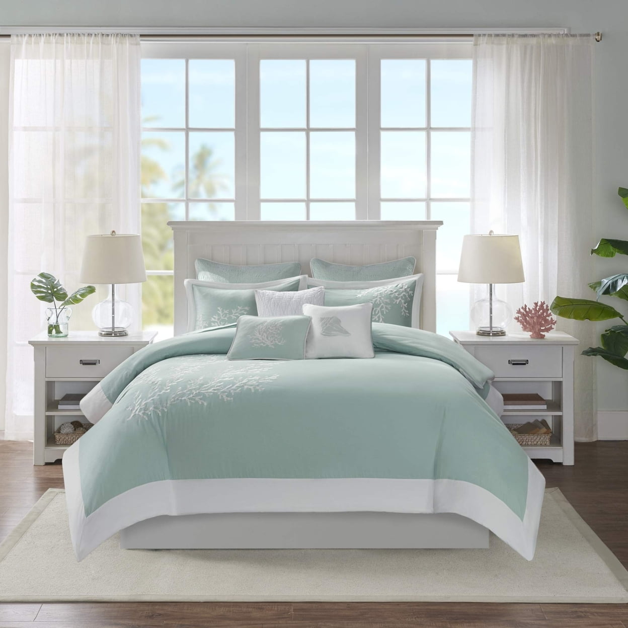 Turquoise Cotton Jacquard Coastal Queen Duvet Cover Set
