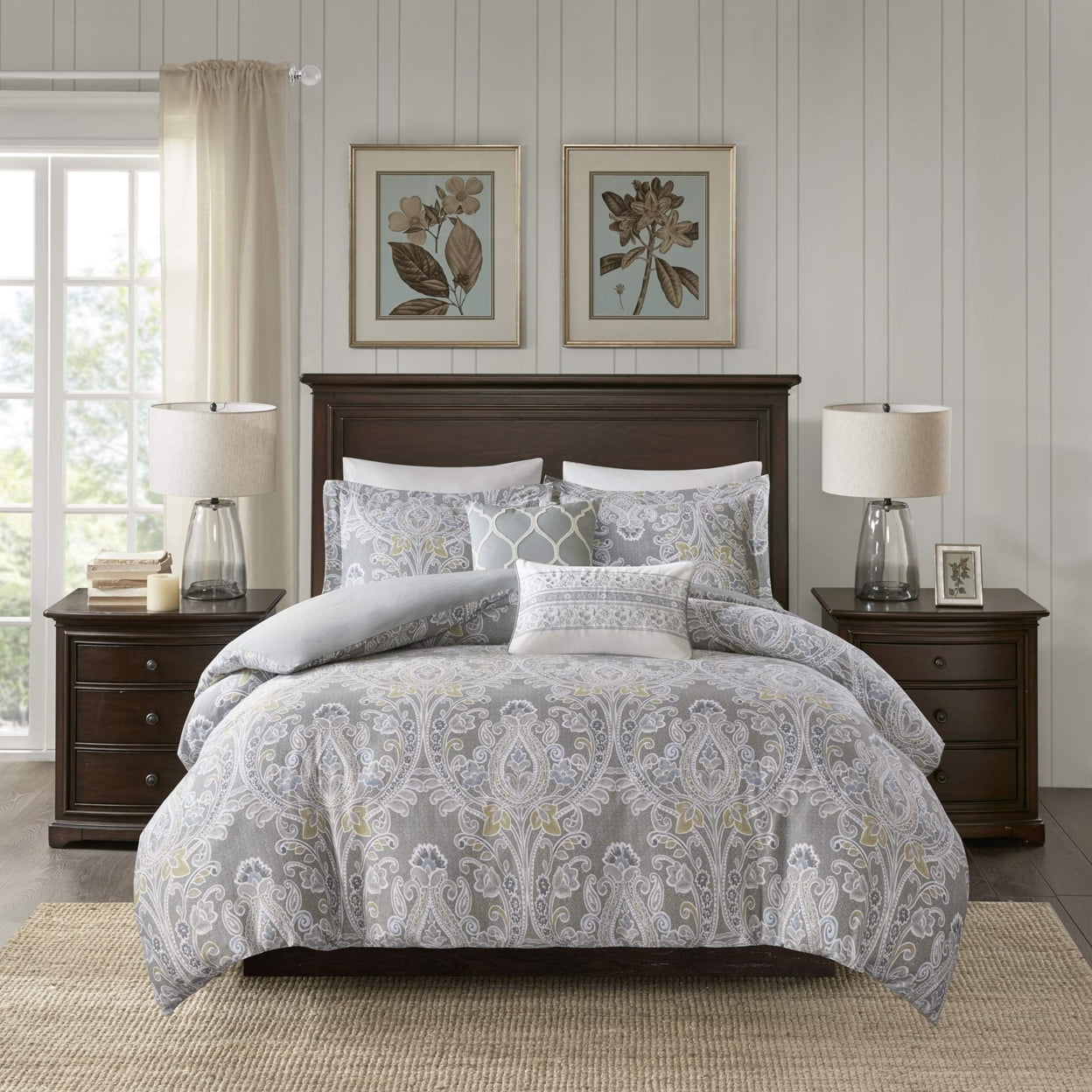 Elegant Grey Damask 5-Piece Cotton Duvet Cover Set