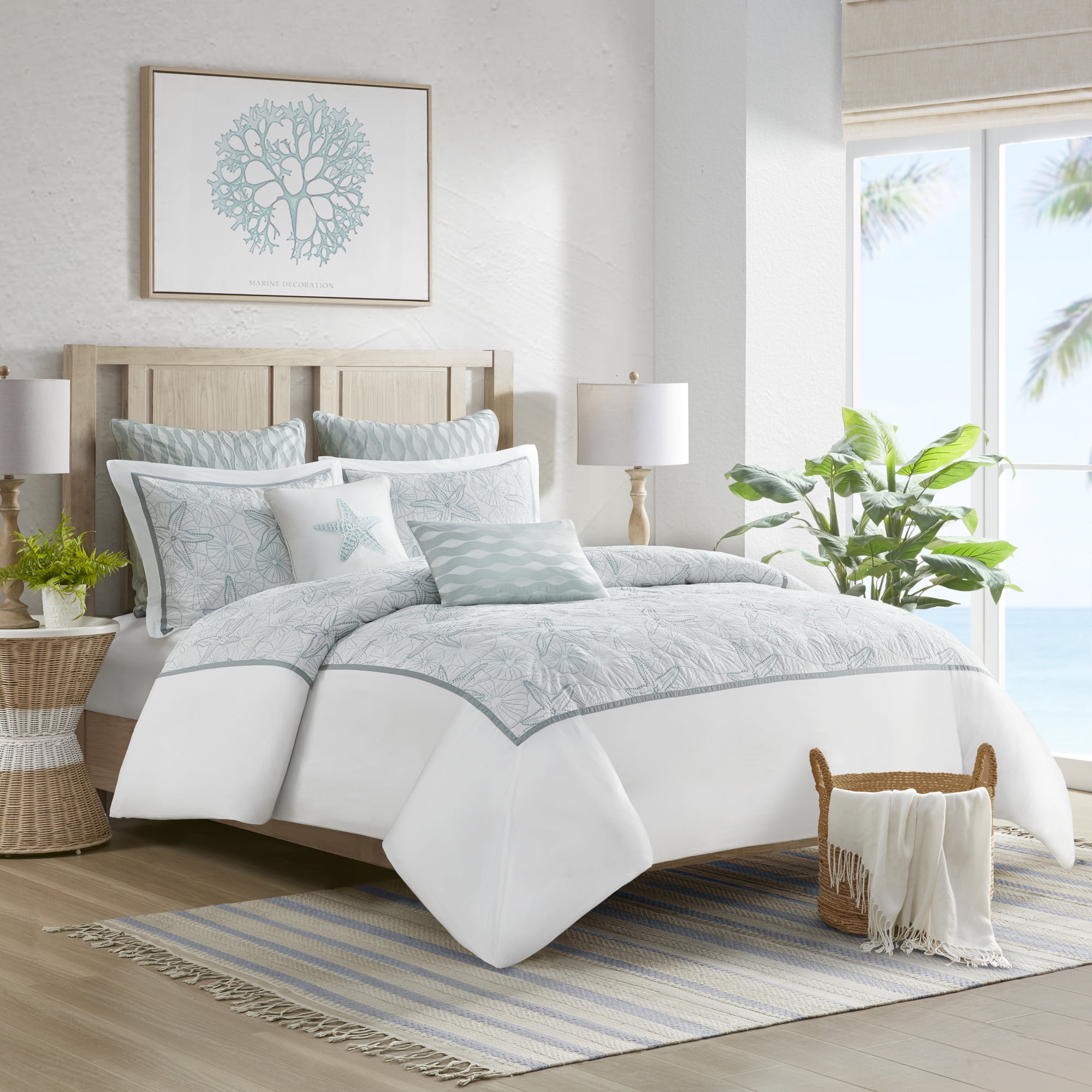 Maya Bay White and Seafoam Cotton Full/Queen Duvet Set