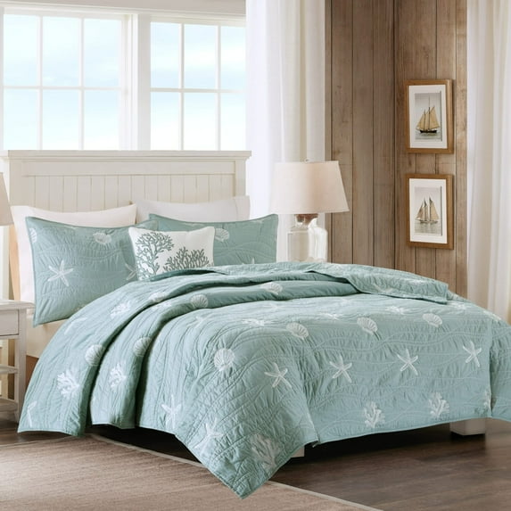 Harbor House Seaside Cotton Percale Coverlet Set with Embroidery in Green