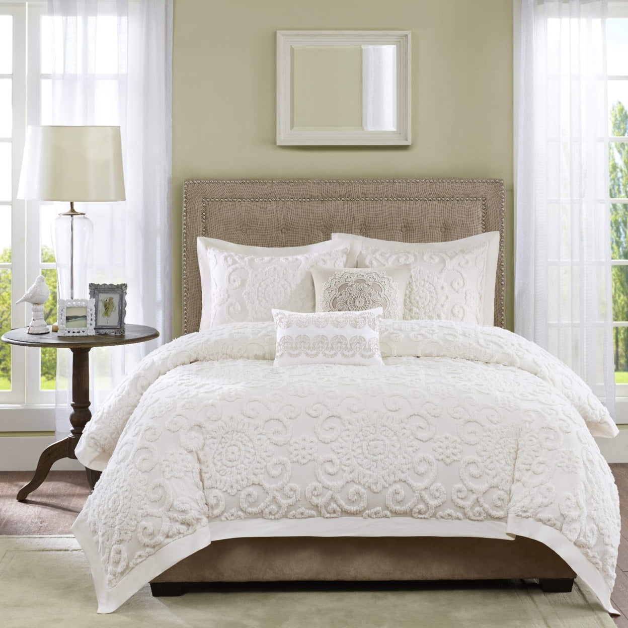 Ivory Tufted Cotton Embroidered King Duvet Cover Set