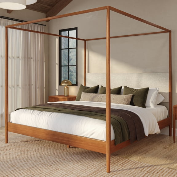 Harbor King Canopy Bed with Upholstered Headboard, Pecan/ Swiss Coffee