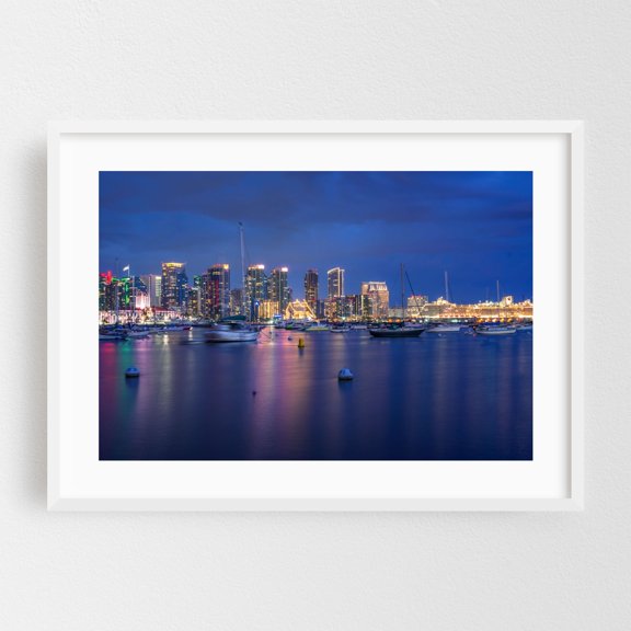 Harbor Lights Harmony - San Diego California Photography Cityscape Skyline Harbor Nightlife Boat Architecture White Framed Wall Art Print 20 x 30 inches
