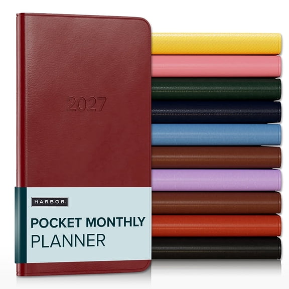 Harbor Pocket Monthly Planner 2027, Calendar Planner and Notebook, Durable Faux Leather, 18 Months, 96 Pages, Softcover & Lightweight - Cambridge Red - 6x3.25"