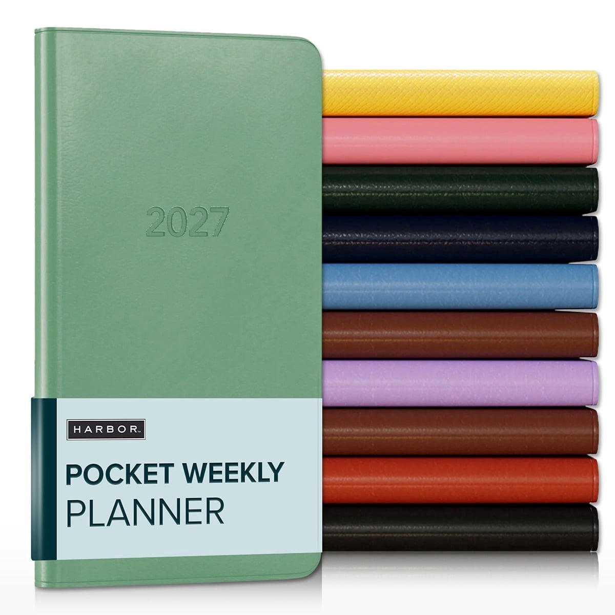 Harbor Pocket Weekly Monthly Planner 2027, Calendar Planner and Notebook, Durable Faux Leather, 192 Pages, Softcover & Book Bound - Cambridge Jade - 6x3.25"