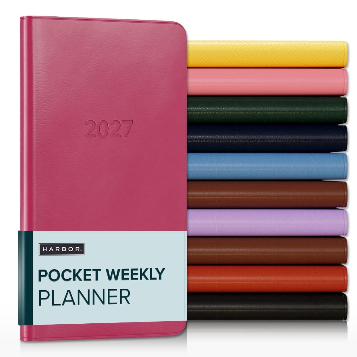 Harbor Pocket Weekly Monthly Planner 2027, Calendar Planner and Notebook, Durable Faux Leather, 192 Pages, Softcover & Book Bound - Cambridge Orchid Flower - 6x3.25"