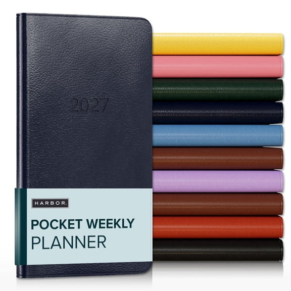 Harbor Pocket Weekly Monthly Planner 2027, Calendar Planner and Notebook, Durable Faux Leather, 192 Pages, Softcover & Book Bound - Leida Navy - 6x3.25"