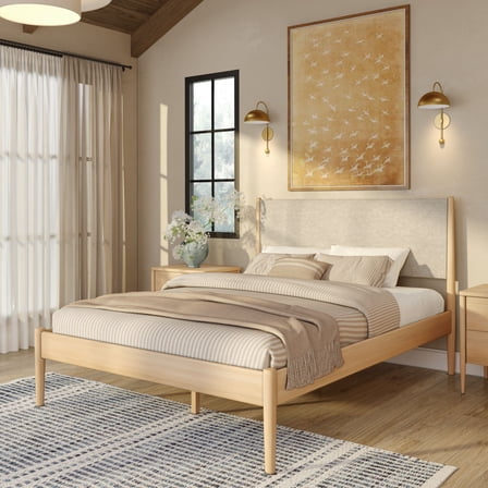 Harbor Queen Bed with Upholstered Headboard, Blonde/Swiss Coffee