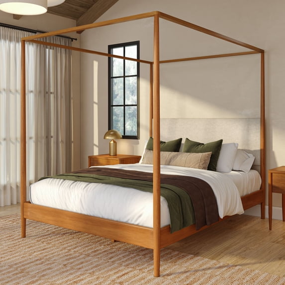 Harbor Queen Canopy Bed with Upholstered Headboard, Pecan/Swiss Coffee