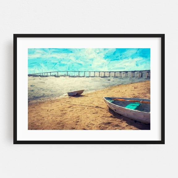 Harbor Serenity - Painterly Style - Coronado California Digital Art Beach Boat Bridge Coastal Harbor Landscape Summer Black Framed Wall Art Print 5 x 7 inches