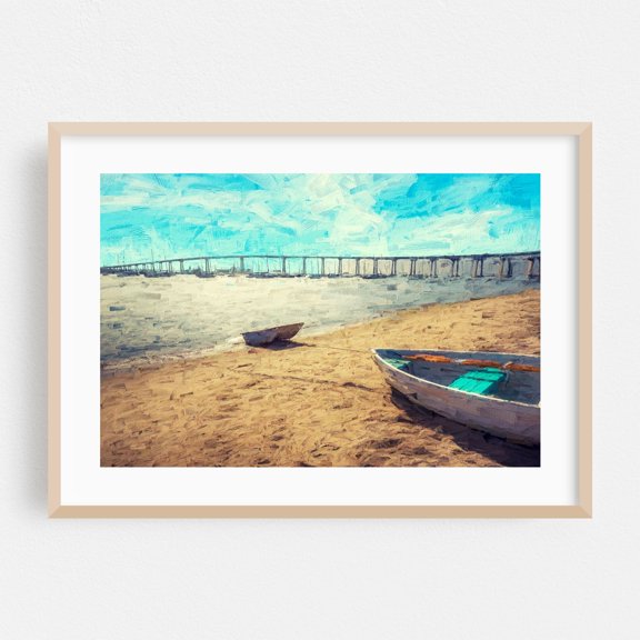 Harbor Serenity - Painterly Style - Coronado California Digital Art Beach Boat Bridge Coastal Harbor Landscape Summer Oak Framed Wall Art Print 5 x 7 inches