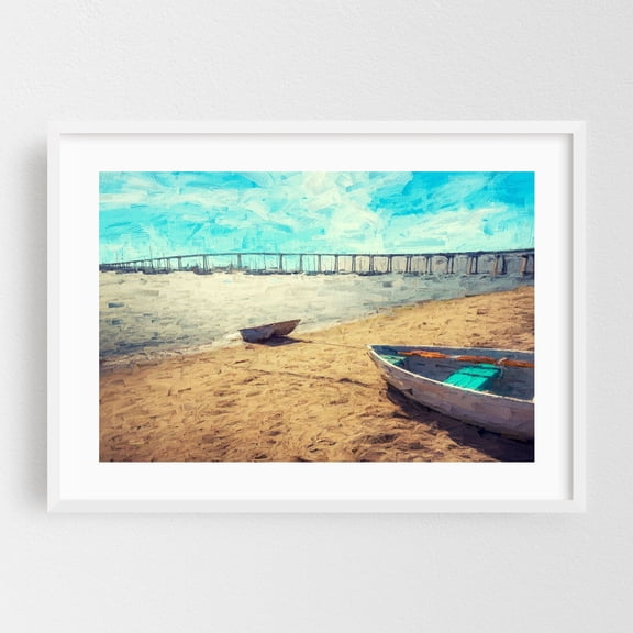 Harbor Serenity - Painterly Style - Coronado California Digital Art Beach Boat Bridge Coastal Harbor Landscape Summer White Framed Wall Art Print 5 x 7 inches