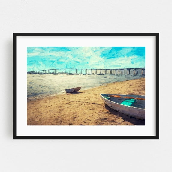Harbor Serenity - Painterly Style - Coronado California Digital Art Black Framed Wall Art Print 12 x 18 inches