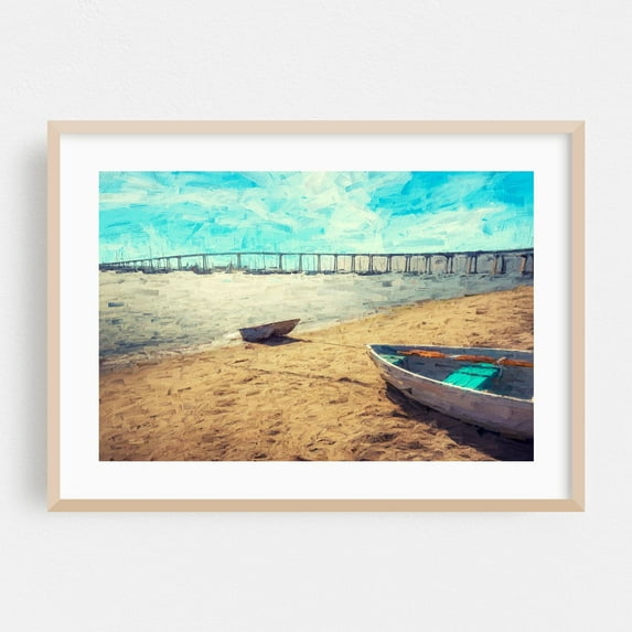 Harbor Serenity - Painterly Style - Coronado California Digital Art Oak Framed Wall Art Print 16 x 24 inches