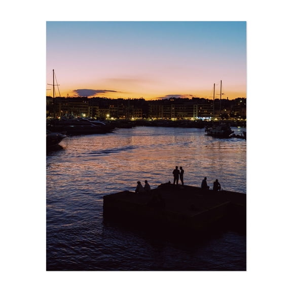 Harbor Silhouettes at Dusk - Piraeus Greece Photography Sunset Harbor Silhouette Cityscape Night Sky Seascape Boat Unframed Wall Art Print 24 x 36 inches