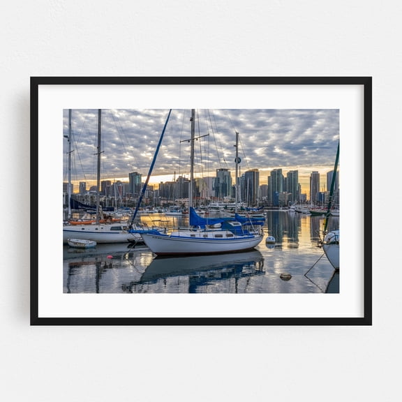 Harbor and Skyline Reflections - San Diego California Photography Harbor Cityscape Skyline Boat Sunset Travel Poster Black Framed Wall Art Print 5 x 7 inches