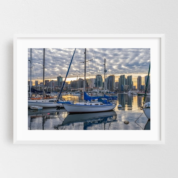 Harbor and Skyline Reflections - San Diego California Photography Harbor Cityscape Skyline Boat Sunset Travel Poster White Framed Wall Art Print 5 x 7 inches