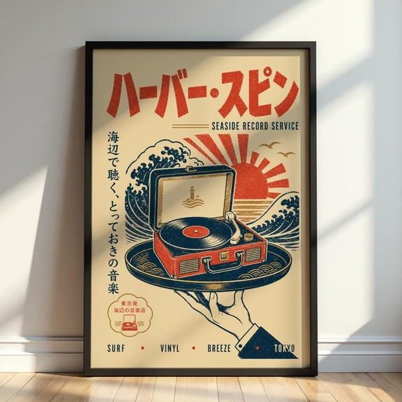 Harbor Spin Retro Japanese Seaside Vinyl Wall Art Tokyo Surf Record Print, Unframed Paper Print