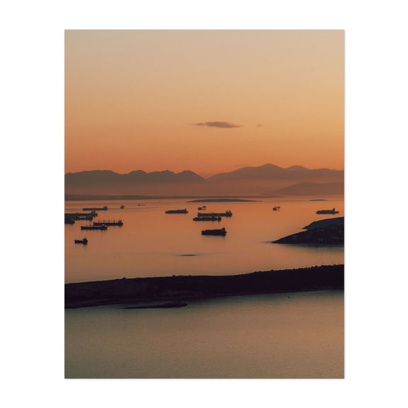 Harbor at Dawn - Perama Greece Photography Sunset Harbor Seascape Minimalist Silhouette Boat Nautical Unframed Wall Art Print 20 x 24 inches