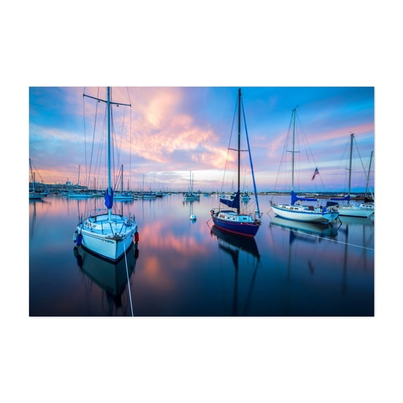 Harbor's Calm at Sunrise - San Diego California Photography Boat Harbor Sunset Water Ocean Scenic Coastal Unframed Wall Art Print 32 x 48 inches