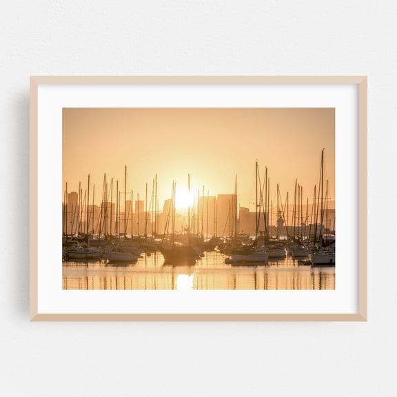 Harbor's Golden Hour - San Diego California Photography Sunset Harbor Boat Cityscape Skyline Scenic Water Oak Framed Wall Art Print 5 x 7 inches
