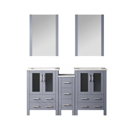 Harborfront 60 in W x 18.25 in D Dark Grey Double Bath Vanity with Side Cabinet, White Ceramic Tops and 22 in Mirrors