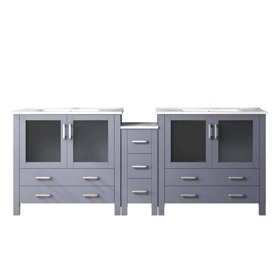 Harborfront 84 in W x 18.25 in D Dark Grey Double Bath Vanity with Side Cabinet and White Ceramic Tops