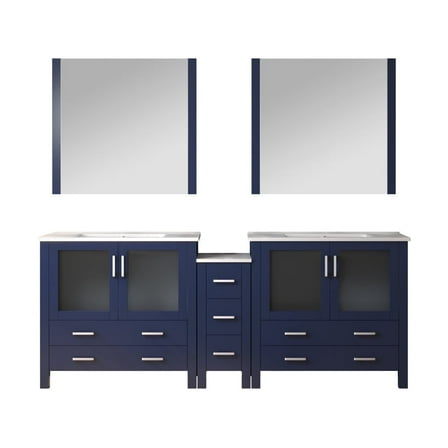 Harborfront 84 in W x 18.25 in D Navy Blue Double Bath Vanity with Side Cabinet, White Ceramic Tops and 34 in Mirrors
