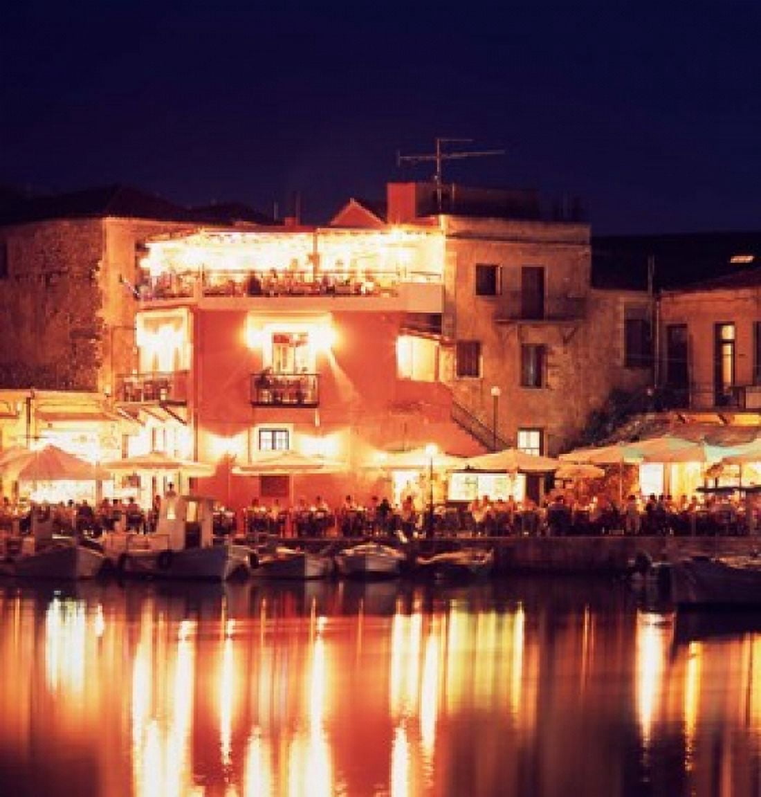 Harborside Restaurants at Night Old Town Rethymnon Western Crete Greece Canvas Art - Steve Outram DanitaDelimont (30 x 32)