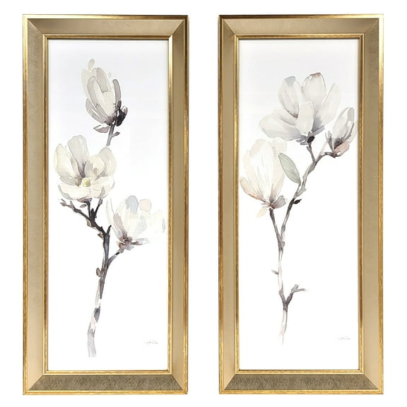 Harbortown 9x24 Magnolia Glass Wall Art, 2-Piece Set, White Etched Print, Modern Farmhouse Decor